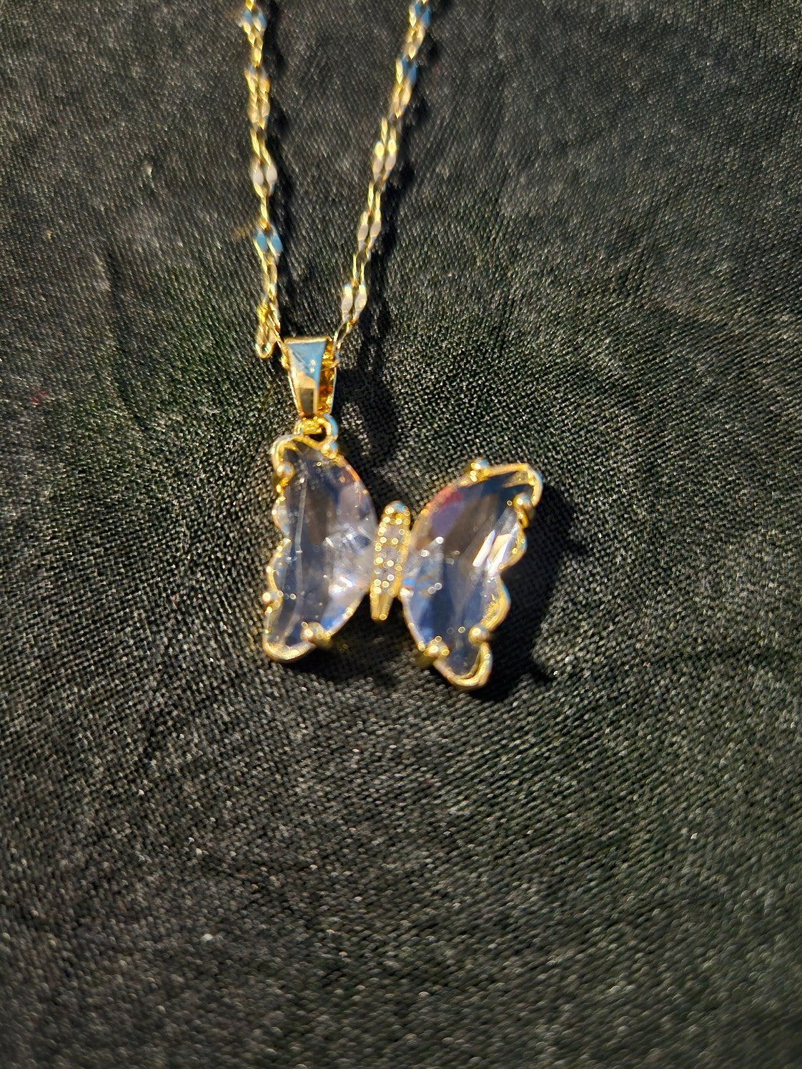 10K YELLOW GOLD PLATE OVER STAINLESS STEEL WHITE BUTTERFLY NECKLACE/ EARRING SET
