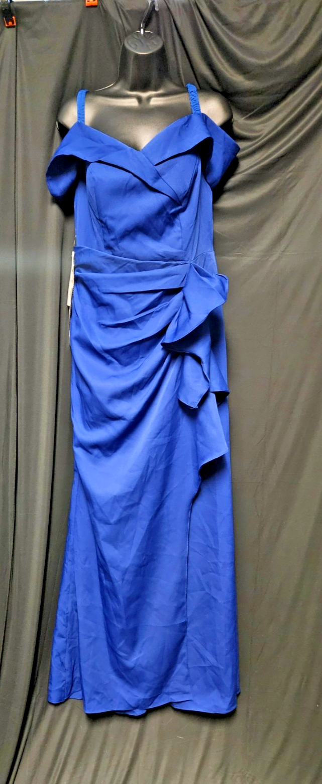 BEAUTIFUL BLUE MATTE SATIN OFF THE SHOULDER EVENING GOWN PROM/FORMAL SIZE 10/12