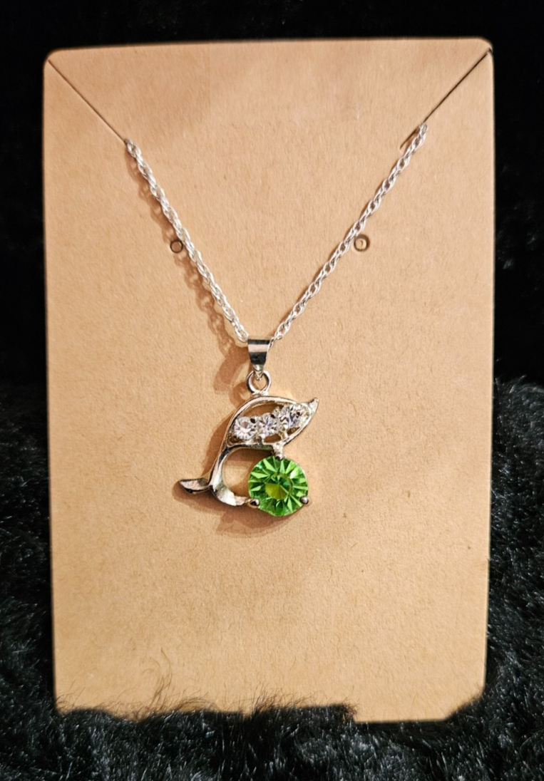 STERLING SILVER PERIDOT & CUBIC ZIRCONIA DOLPHIN BIRTHSTONE NECKLACE NWOT