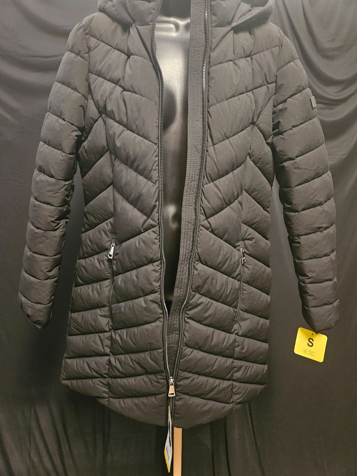 DKNY BLACK WOMEN'S DETACHABLE HOOD LONG PUFFER JACKET SZ S NWT