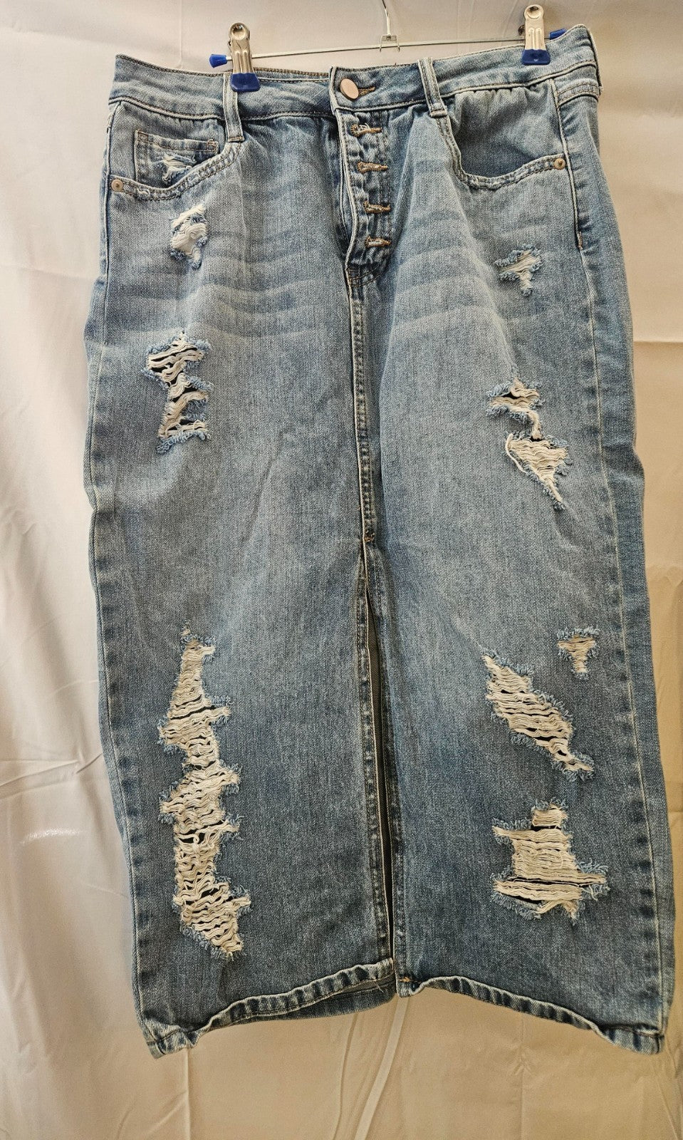 Women's Size Medium Fashion Nova distressed denim midi skirt with front slit