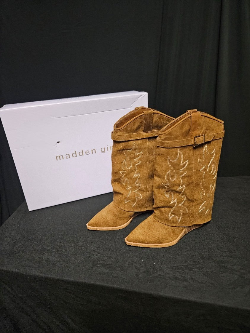MADDEN GIRL JJOE CHESTNUT FAB WESTERN CUFFED WEDGE BOOTS SIZE 7 NIB SO CUTE!
