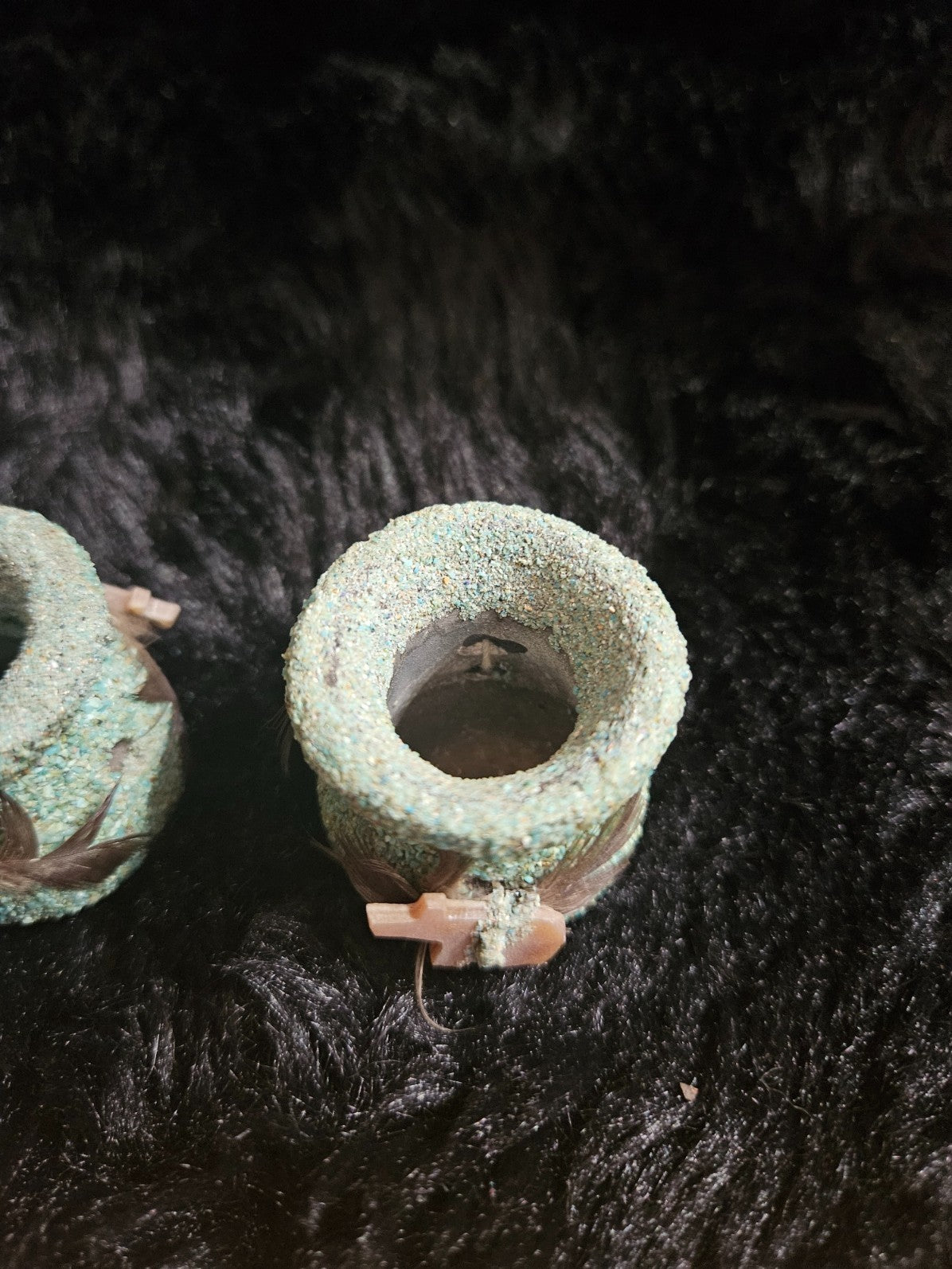 NATIVE AMERICAN NAVAJO MADE FETISH POT SET CRUSHED TURQUOISE/MOTHER PEARL FETISH