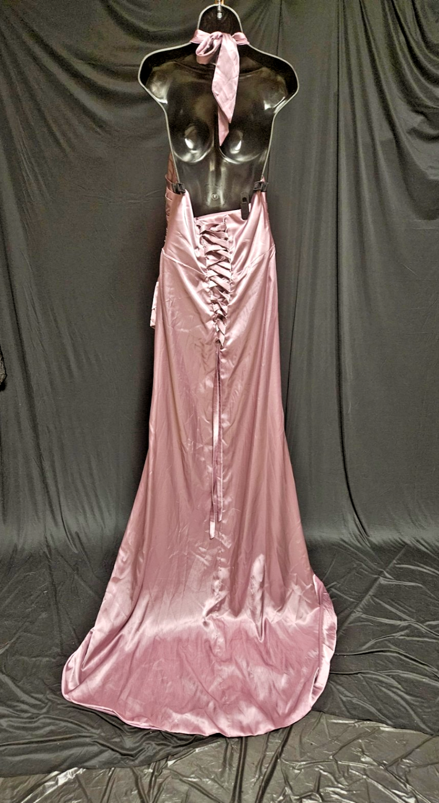 SIZE 14 LAVENDAR/PINK SATIN RUCHED CORSET HALTER FORMAL GOWN LONG TRAIN NWOT