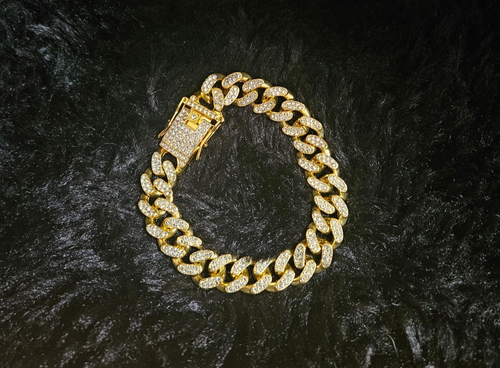 CUBAN LINK CUBIC ZIRCONIA ENCRUSTED 14K GOLD PLATE/STAINLESS 7.36 inch BRACELET