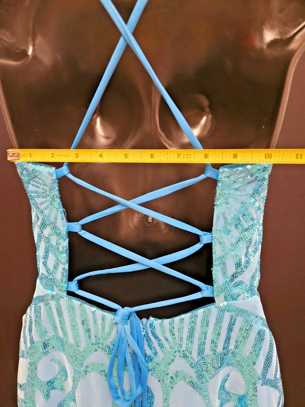 FAERIESTY SIZE SMALL BLUE SEQUINED FORMAL STRAPPY CORSET/ZIP MINI DRESS NWT