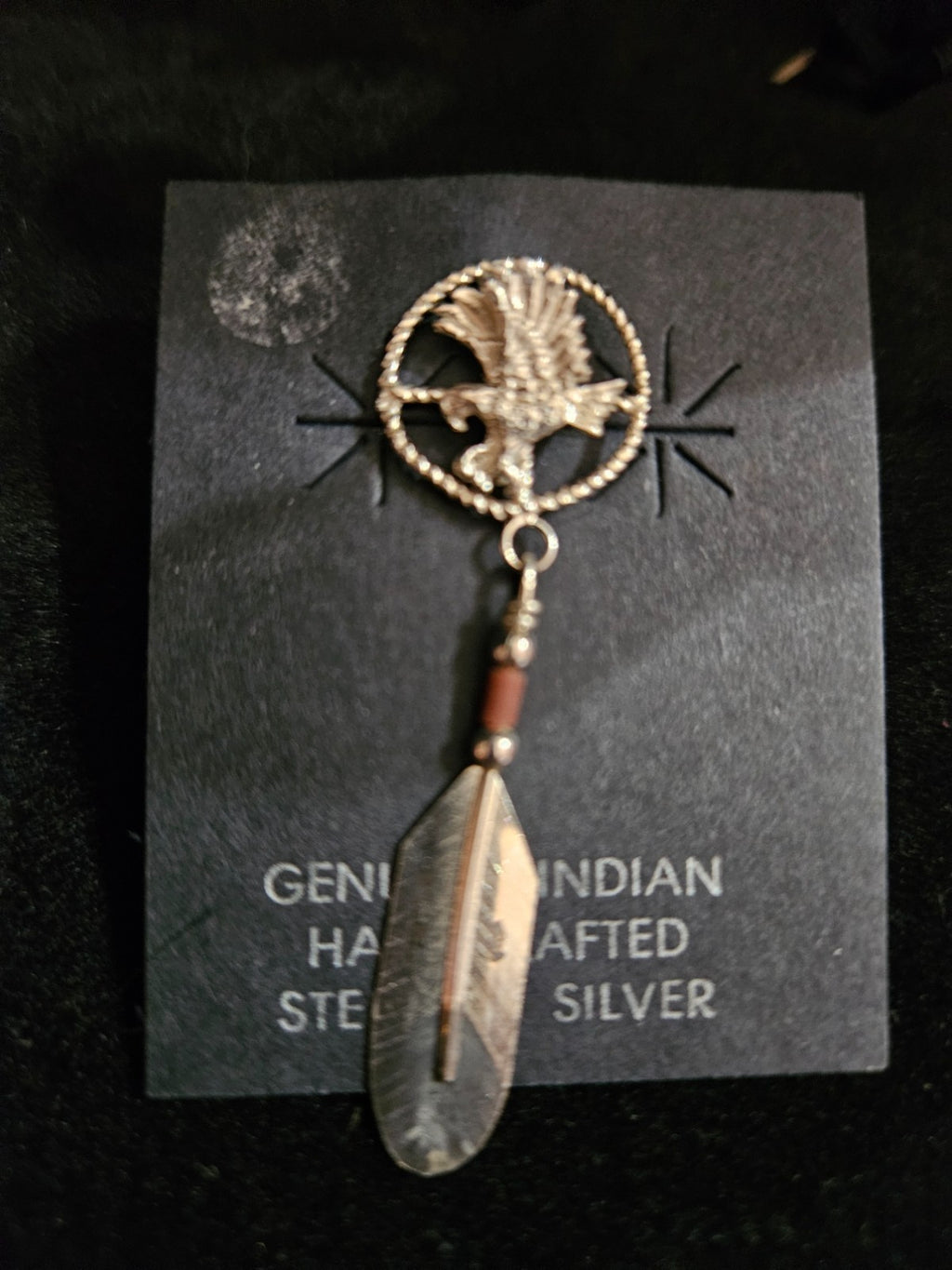 NATIVE AMERICAN HANDMADE STERLING HAT PIN WITH HANDCUT FEATHER BY KURT MOHAWK