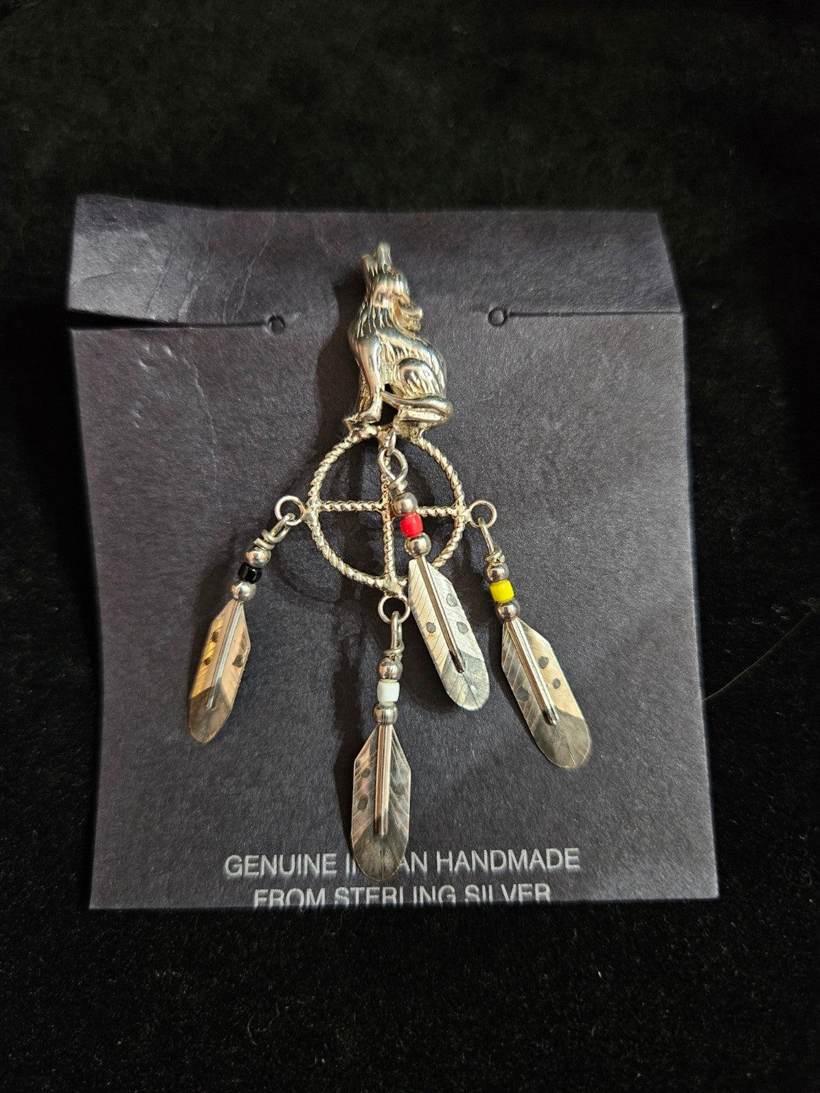 NATIVE AMERICAN HANDMADE STERLING WOLF/4 DIRECTION COLORED PIN BY KURT MOHAWK