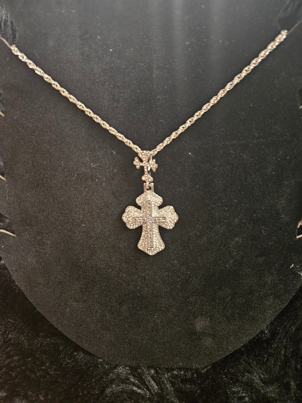 STERLING SILVER  PLATED STAINLESS STEEL CZ CROSS NECKLACE 24 in CHAIN