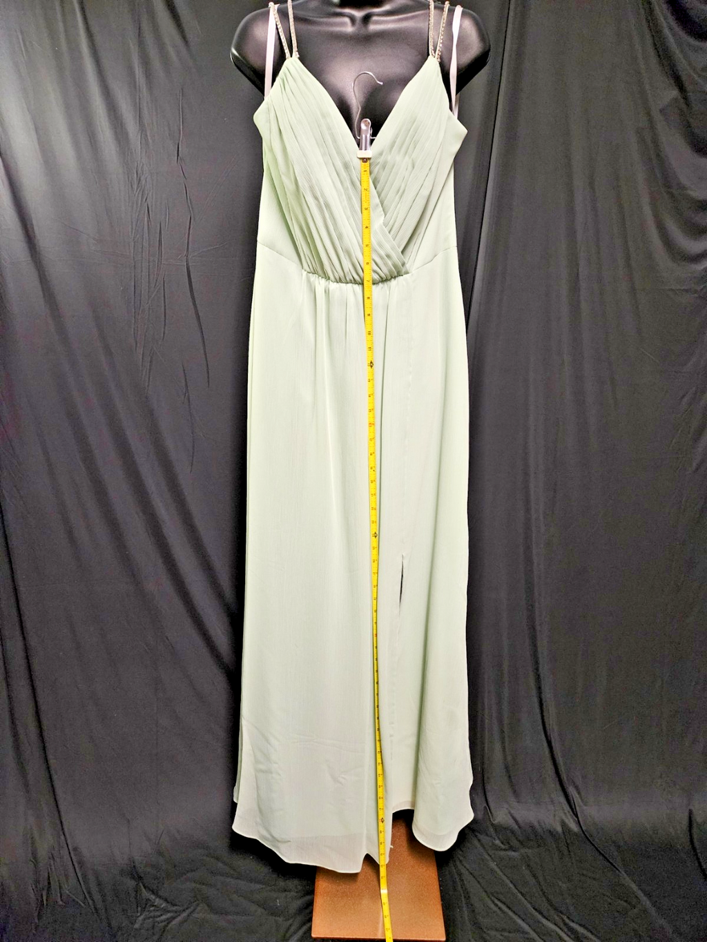 DAVID'S BRIDAL LONG CRINKLE CHIFFON GOWN IN MEADOW, RHINESTONE SIZE 12 NWT