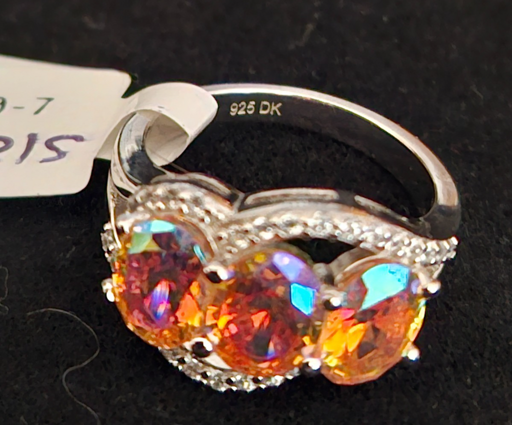 CHAMPAGNE AURORA BOREALIS/WHITE DIAMOND SIMULANT RHODIUM /925 STERLING RING 7