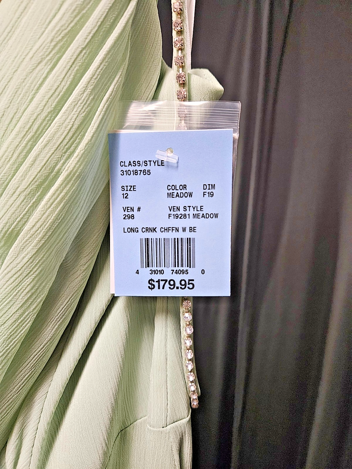 DAVID'S BRIDAL LONG CRINKLE CHIFFON GOWN IN MEADOW, RHINESTONE SIZE 12 NWT