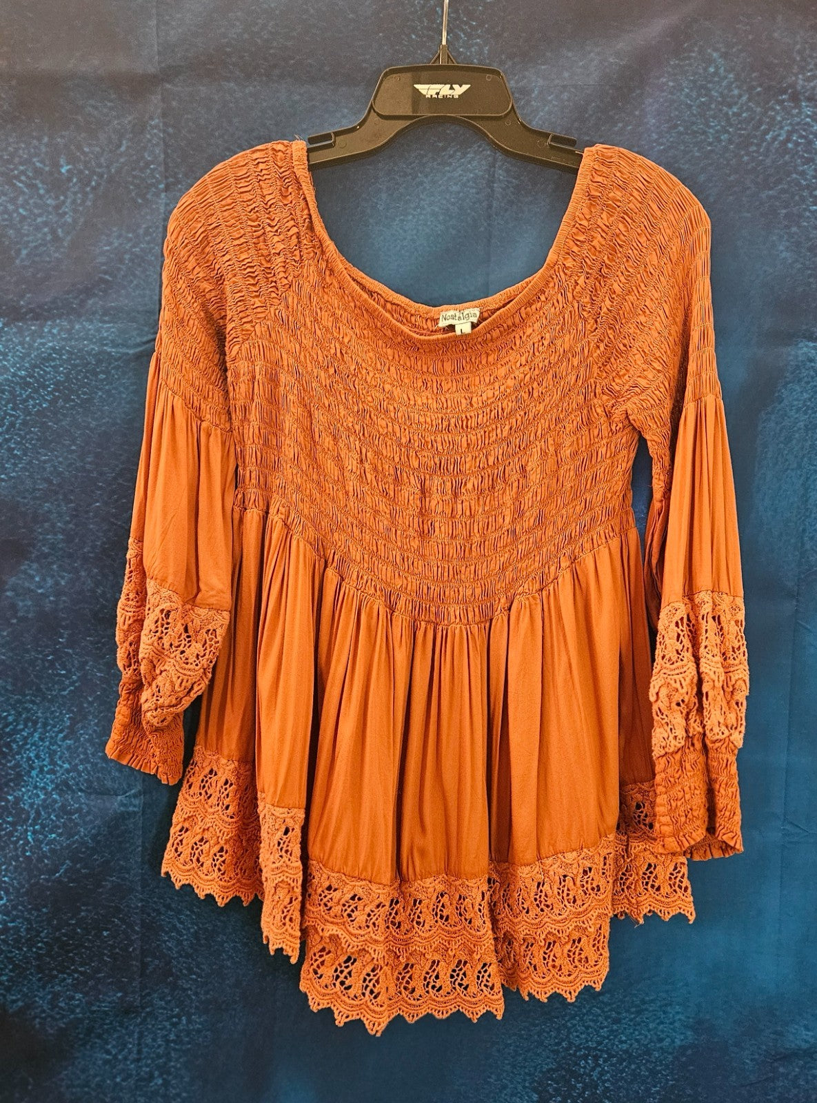 WOMEN'S NOSTALGIA LARGE WESTERN THEME BLOUSE BURNT ORANGE SIZE L