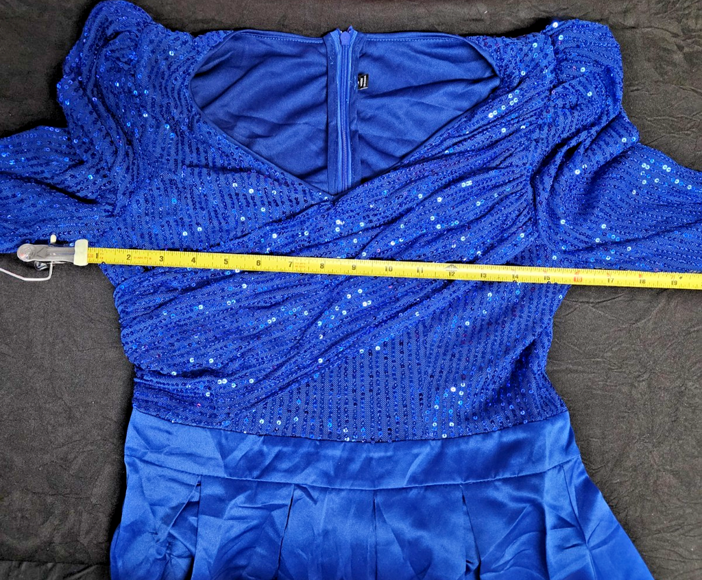 WOMEN'S SZ SM LONG SLEEVE DK BLUE, SEQUINE,ROUCHED,FULLSKIRT EVENING GOWN NWOT