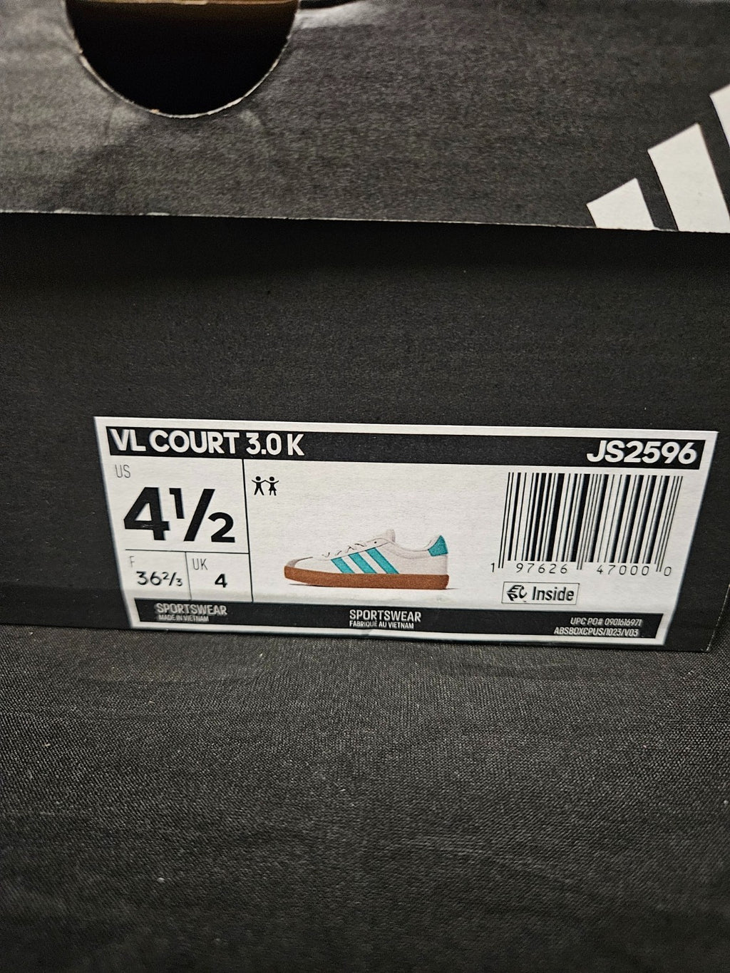 WOMEN'S ADIDAS VL COURT 3.0 K JS2596 TENNERS SIZE 4.5 NIB RUNS LG
