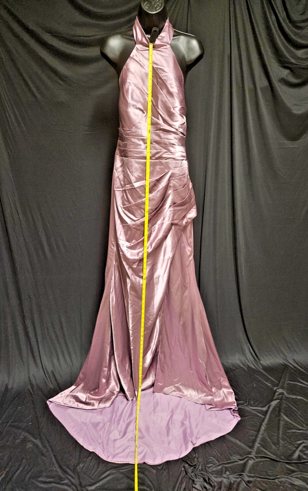 SIZE 14 LAVENDAR/PINK SATIN RUCHED CORSET HALTER FORMAL GOWN LONG TRAIN NWOT