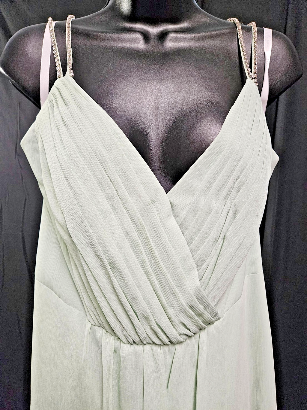 DAVID'S BRIDAL LONG CRINKLE CHIFFON GOWN IN MEADOW, RHINESTONE SIZE 12 NWT