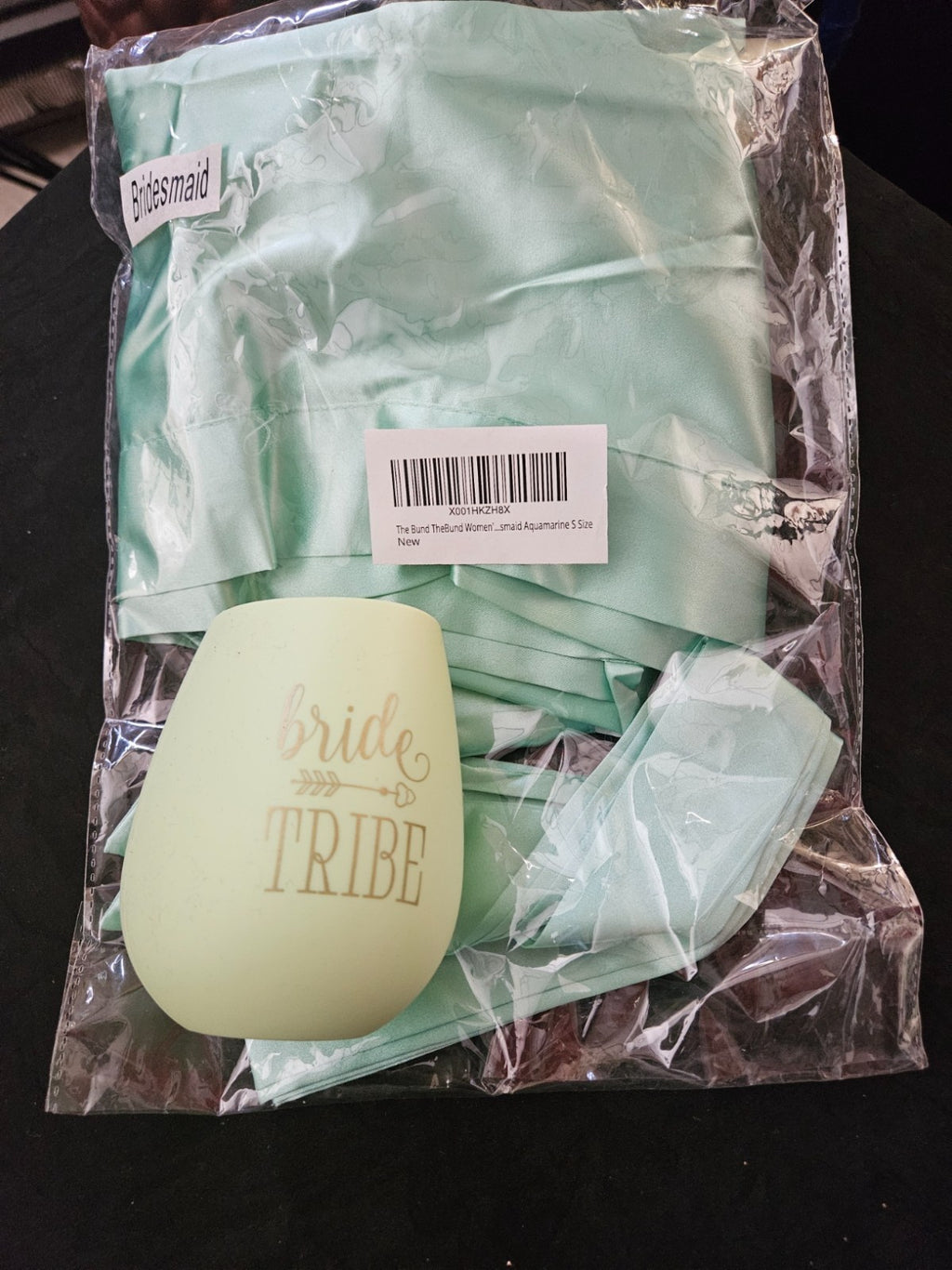 THE BUND AQUAMARINE SATIN/RHINESTONE SZ S BRIDESMAID ROBE & BRIDE TRIBE CUP NWT