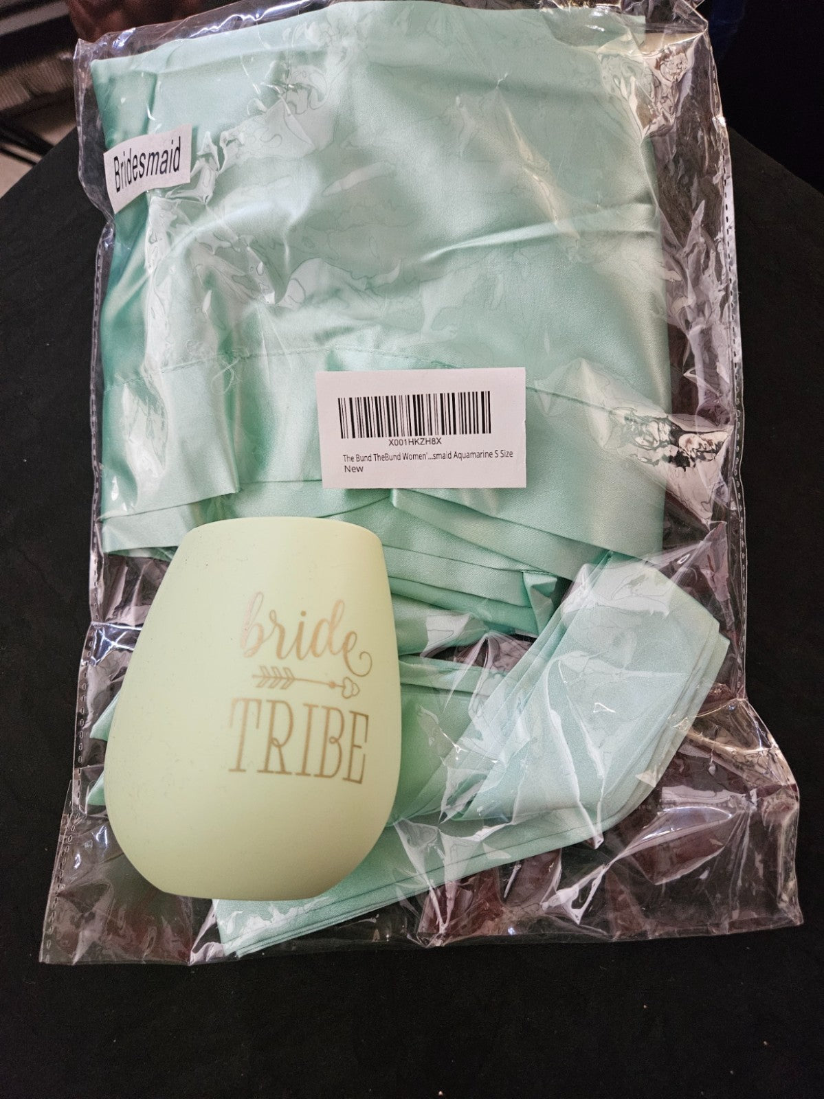 THE BUND AQUAMARINE SATIN/RHINESTONE SZ S BRIDESMAID ROBE & BRIDE TRIBE CUP NWT