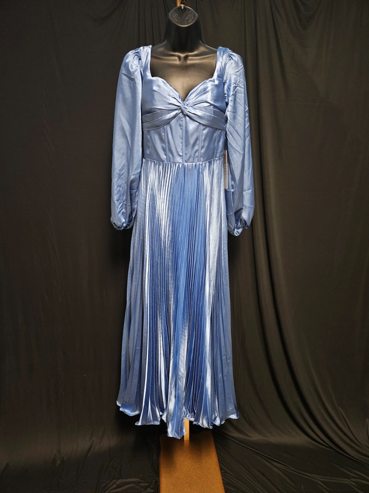 FAERIESTY LONG SLEEVE CORSET/ZIP BACK SIZE SMALL BLUE SATIN PLEATED GOWN NWT