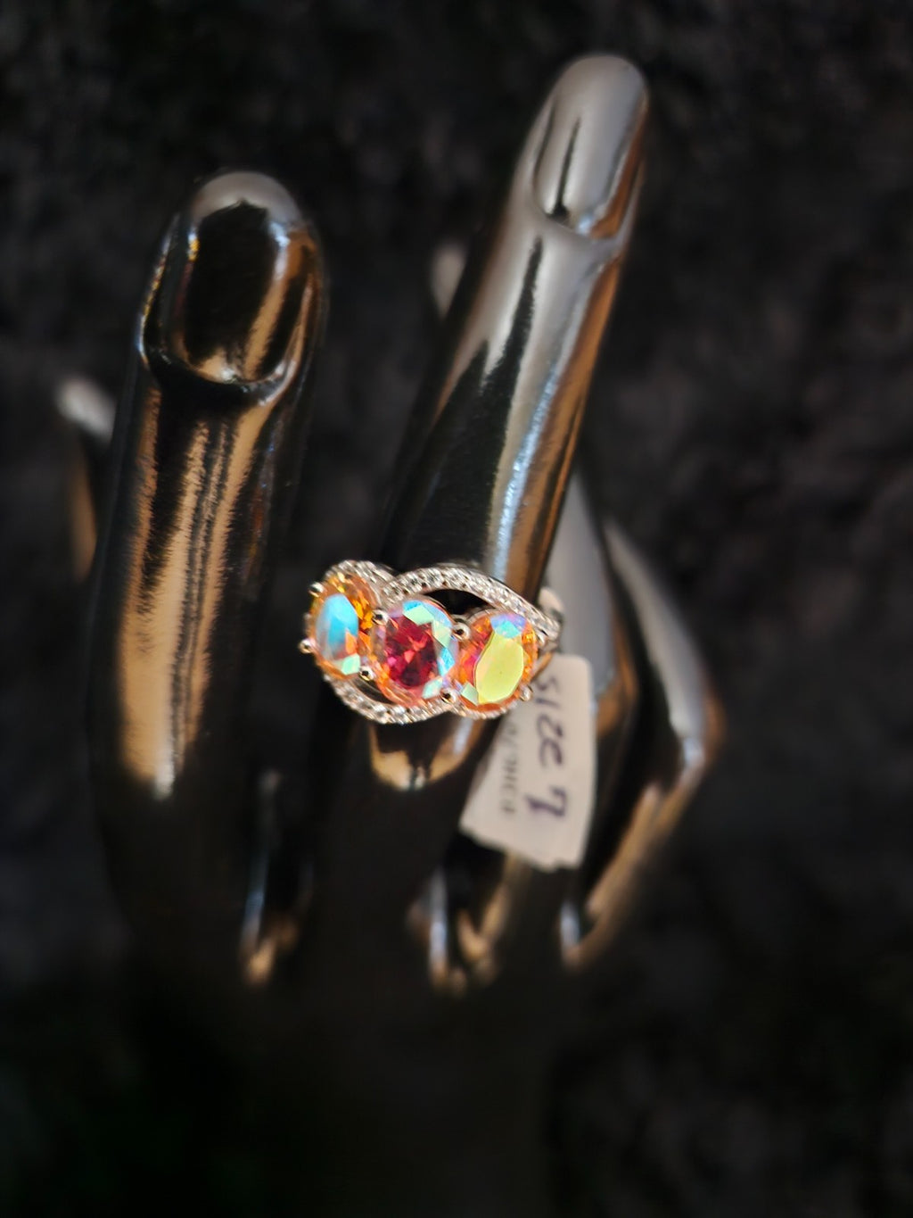 CHAMPAGNE AURORA BOREALIS/WHITE DIAMOND SIMULANT RHODIUM /925 STERLING RING 7