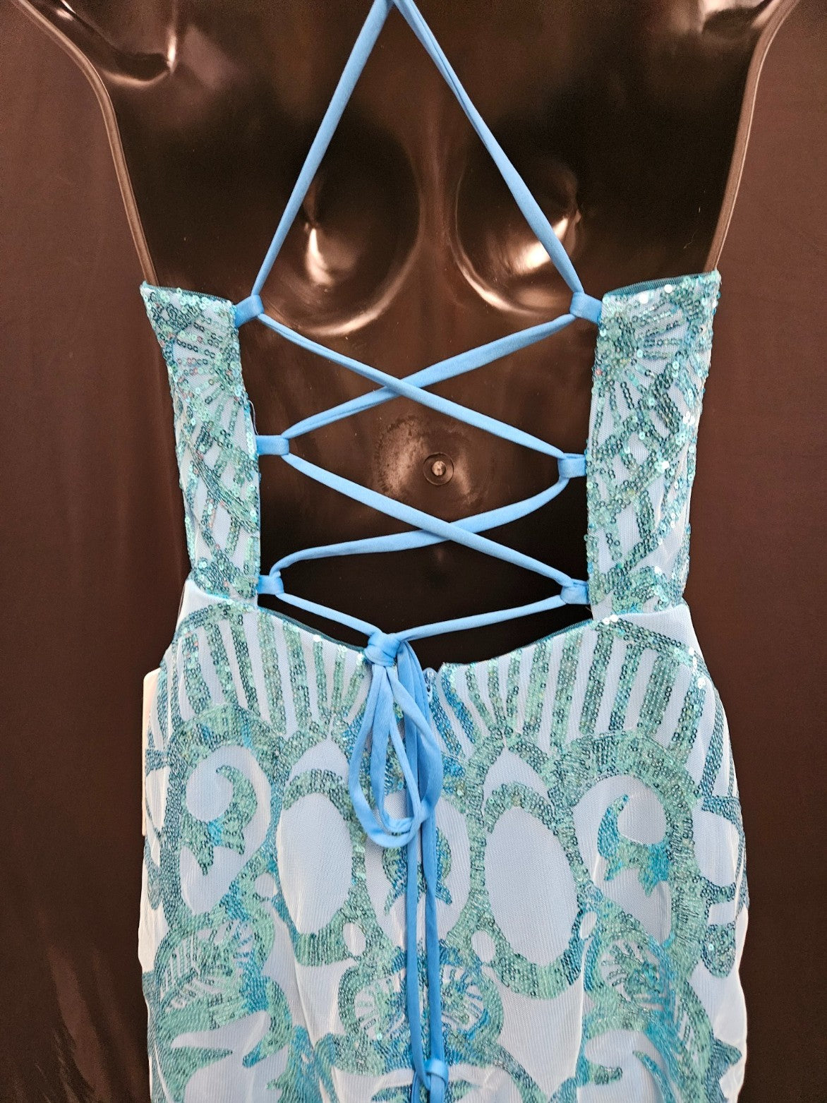 FAERIESTY SIZE SMALL BLUE SEQUINED FORMAL STRAPPY CORSET/ZIP MINI DRESS NWT