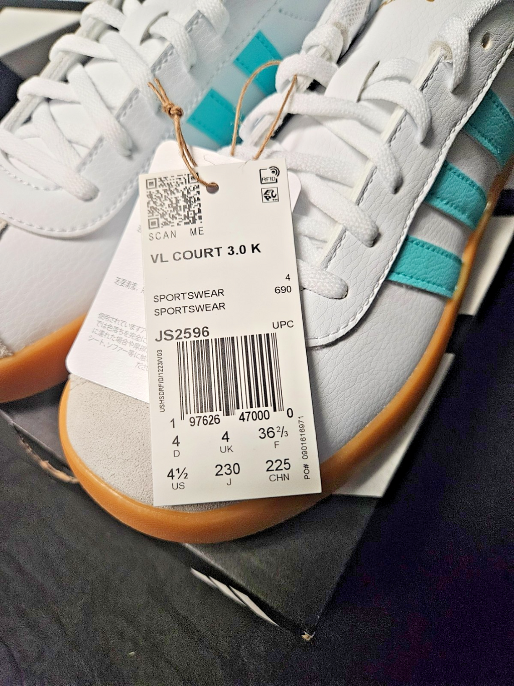 WOMEN'S ADIDAS VL COURT 3.0 K JS2596 TENNERS SIZE 4.5 NIB RUNS LG