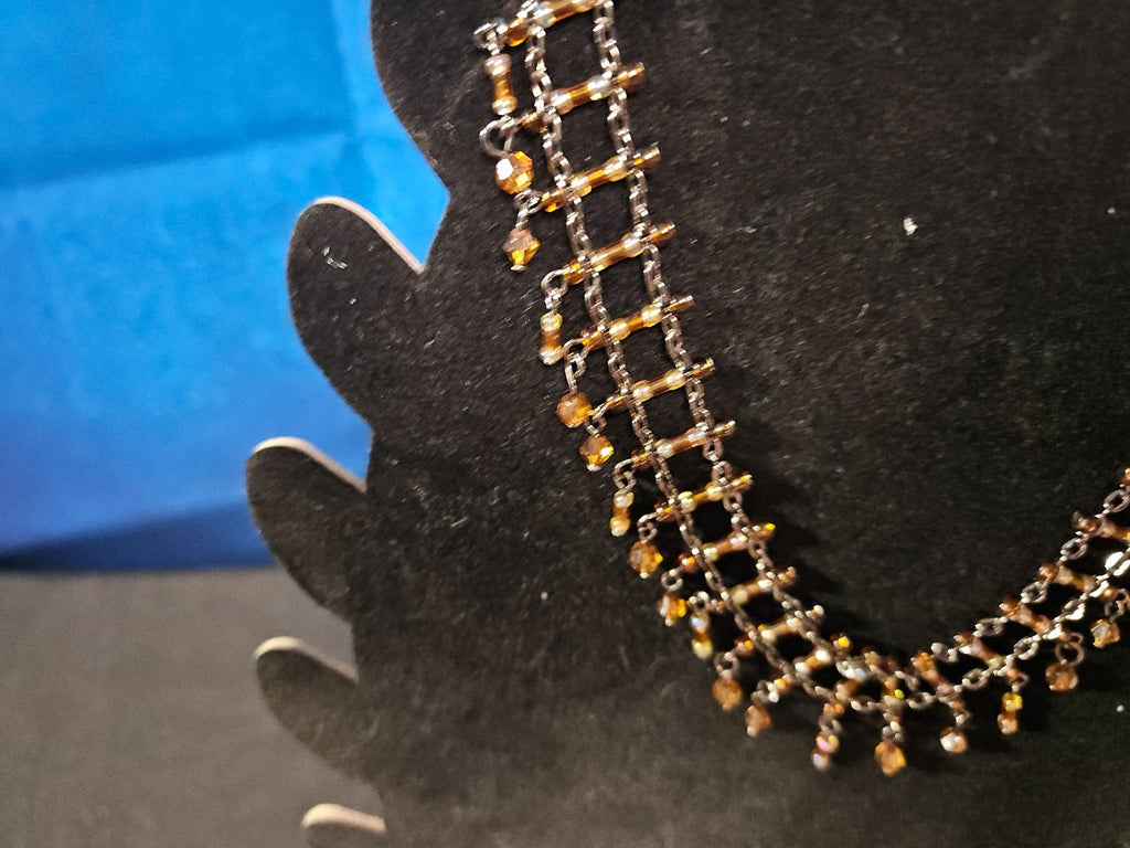 WOMEN'S ADJUSTABLE BEADED CHOKER SIMULATED AMBER/CRYSTAL BEADS STAINLESS STEEL