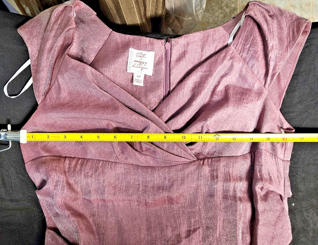 SIZE 10P SUZI CHIN FOR MAGGY BOUTIQUE PURPLE/METALLIC COCKTAIL ROUCHED DRESS