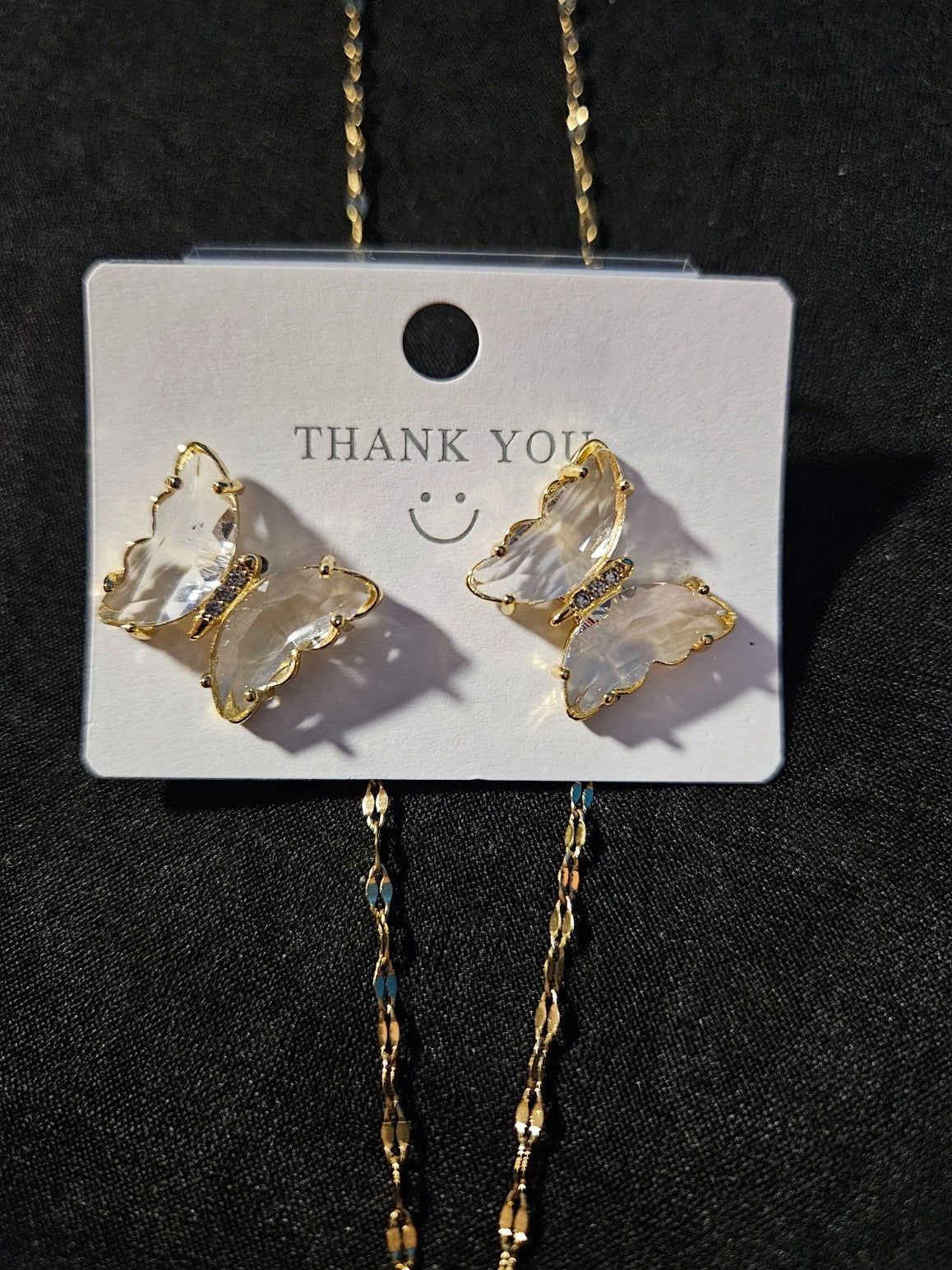 10K YELLOW GOLD PLATE OVER STAINLESS STEEL WHITE BUTTERFLY NECKLACE/ EARRING SET