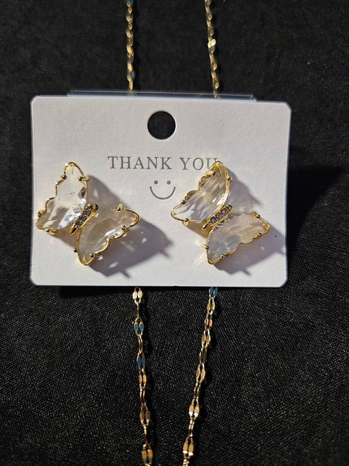 10K YELLOW GOLD PLATE OVER STAINLESS STEEL WHITE BUTTERFLY NECKLACE/ EARRING SET