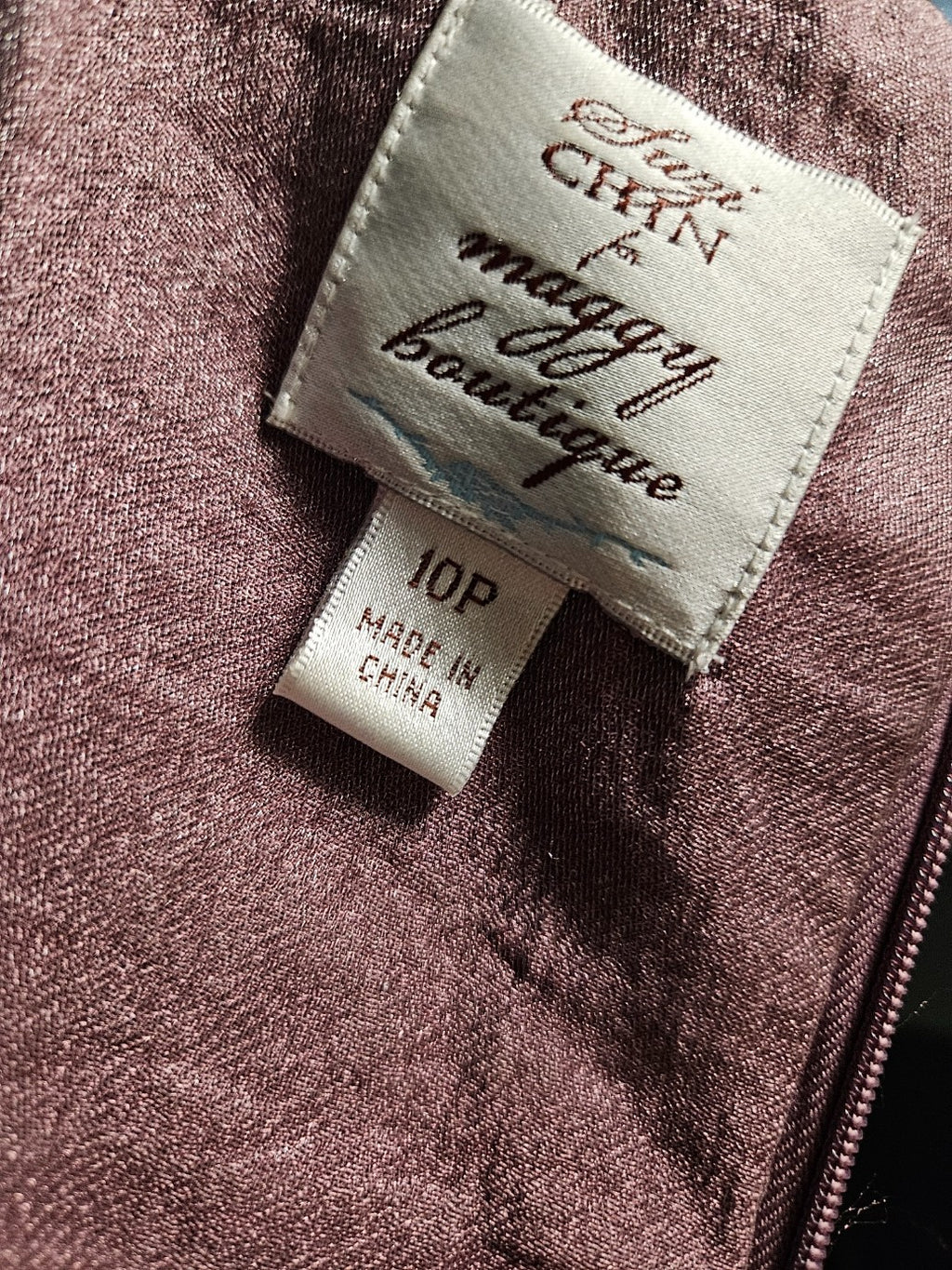 SIZE 10P SUZI CHIN FOR MAGGY BOUTIQUE PURPLE/METALLIC COCKTAIL ROUCHED DRESS