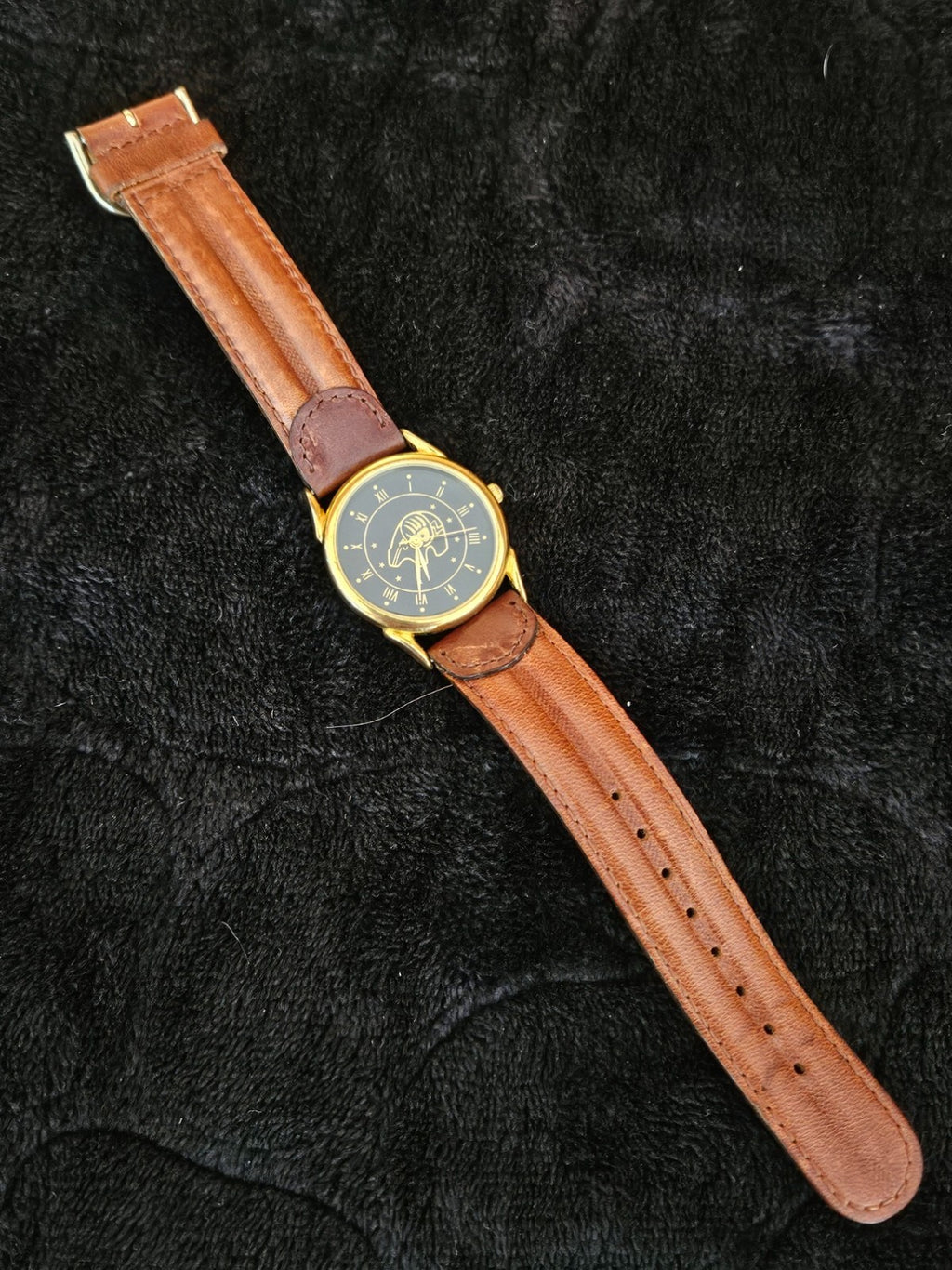 UNISEX VINTAGE TRIBAL ART-INSPIRED GOLD TONE WATCH LEATHER BAND BEAR DESIGN
