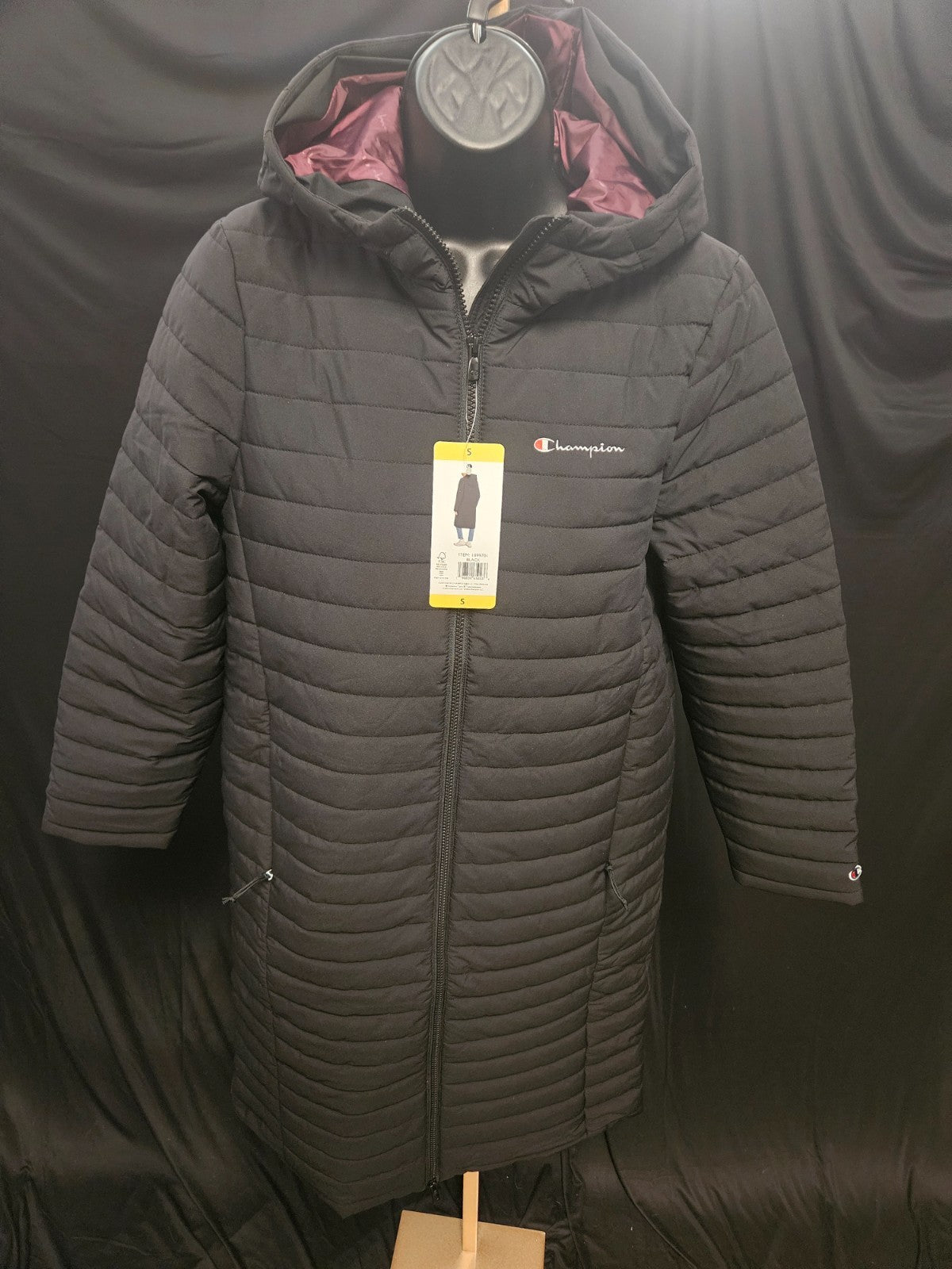CHAMPION WOMEN'S SIZE S LONG SIDELINE BLACK PUFFER COAT NWT