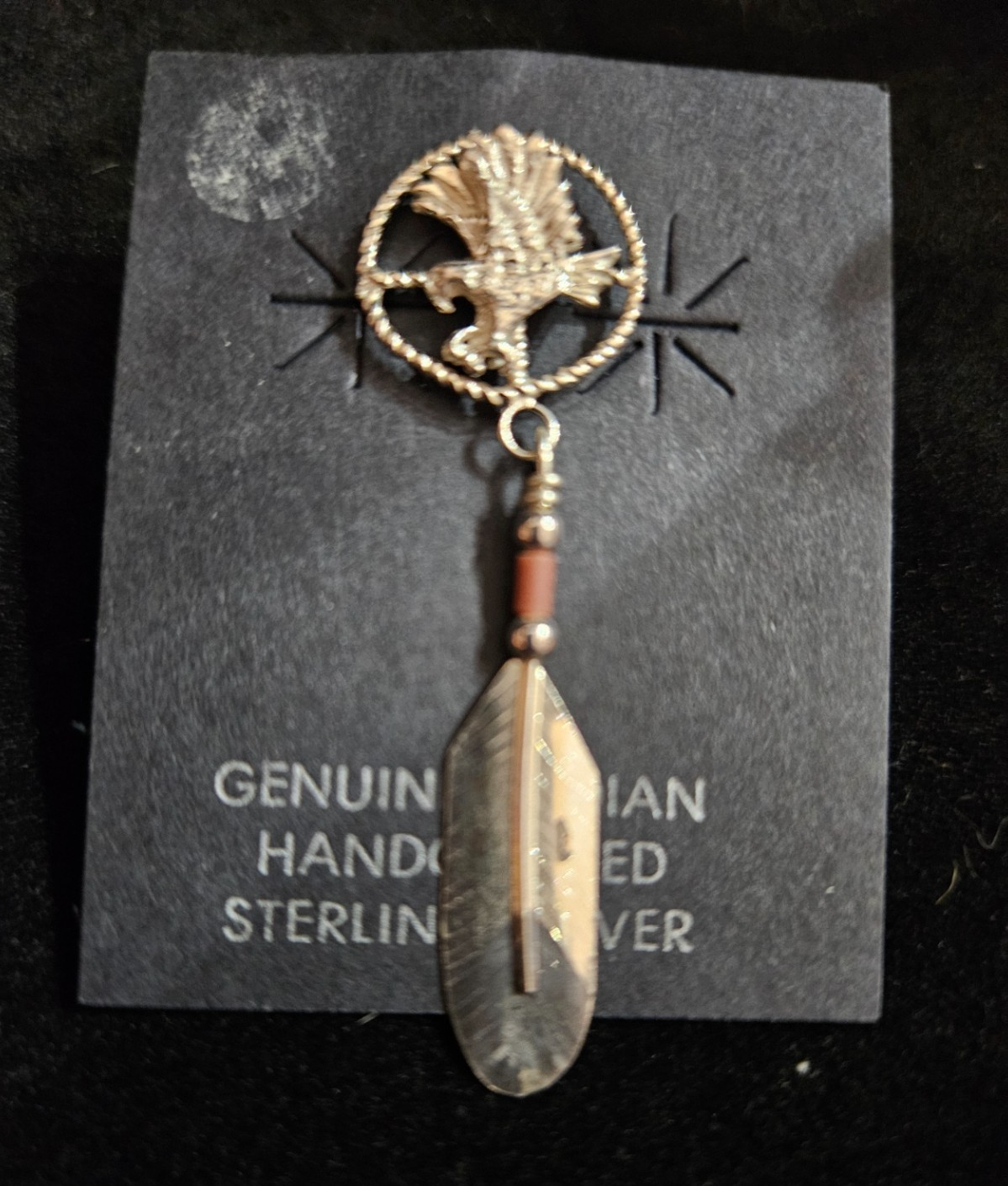 NATIVE AMERICAN HANDMADE STERLING HAT PIN WITH HANDCUT FEATHER BY KURT MOHAWK