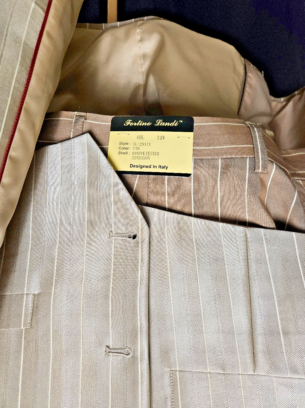 MEN'S FORTINO LANDI 3 PIECE PINSTRIPPED SUIT BEIGE/BROWN SIZE L 40/34 W 36L NWT