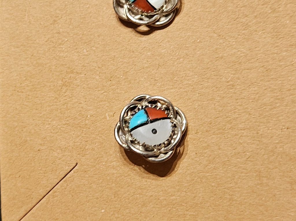 NATIVE AMERICAN ZUNI INLAID MULTI-STONE STERLING FLOWER SHAPED EARRINGS