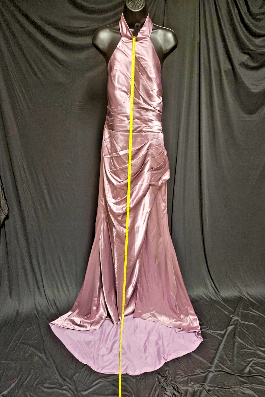 SIZE 14 LAVENDAR/PINK SATIN RUCHED CORSET HALTER FORMAL GOWN LONG TRAIN NWOT