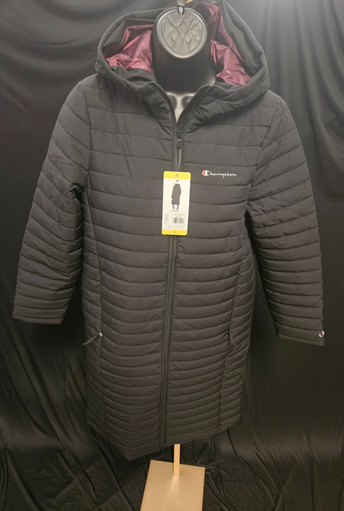 CHAMPION WOMEN'S SIZE S LONG SIDELINE BLACK PUFFER COAT NWT