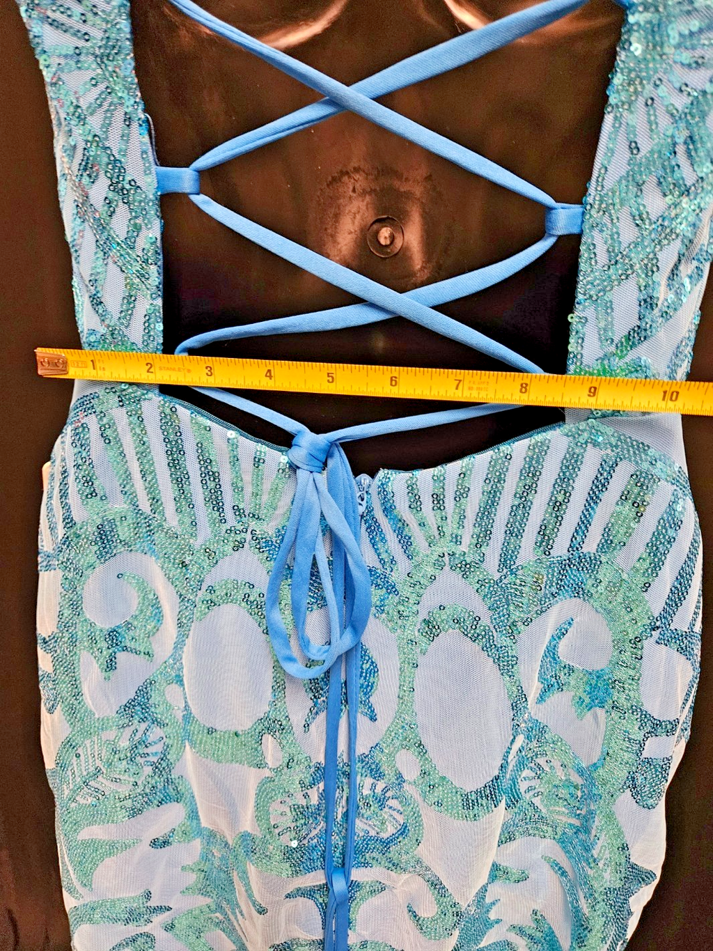 FAERIESTY SIZE SMALL BLUE SEQUINED FORMAL STRAPPY CORSET/ZIP MINI DRESS NWT