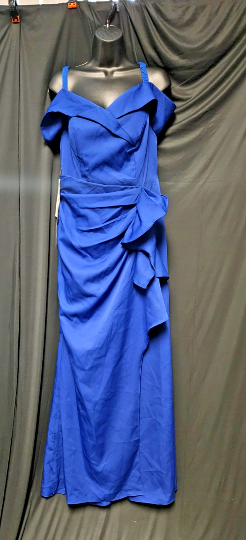 BEAUTIFUL BLUE MATTE SATIN OFF THE SHOULDER EVENING GOWN PROM/FORMAL SIZE 10/12
