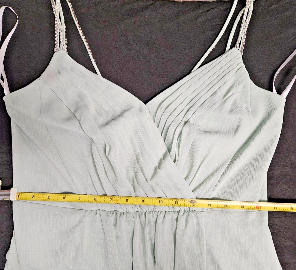 DAVID'S BRIDAL LONG CRINKLE CHIFFON GOWN IN MEADOW, RHINESTONE SIZE 12 NWT