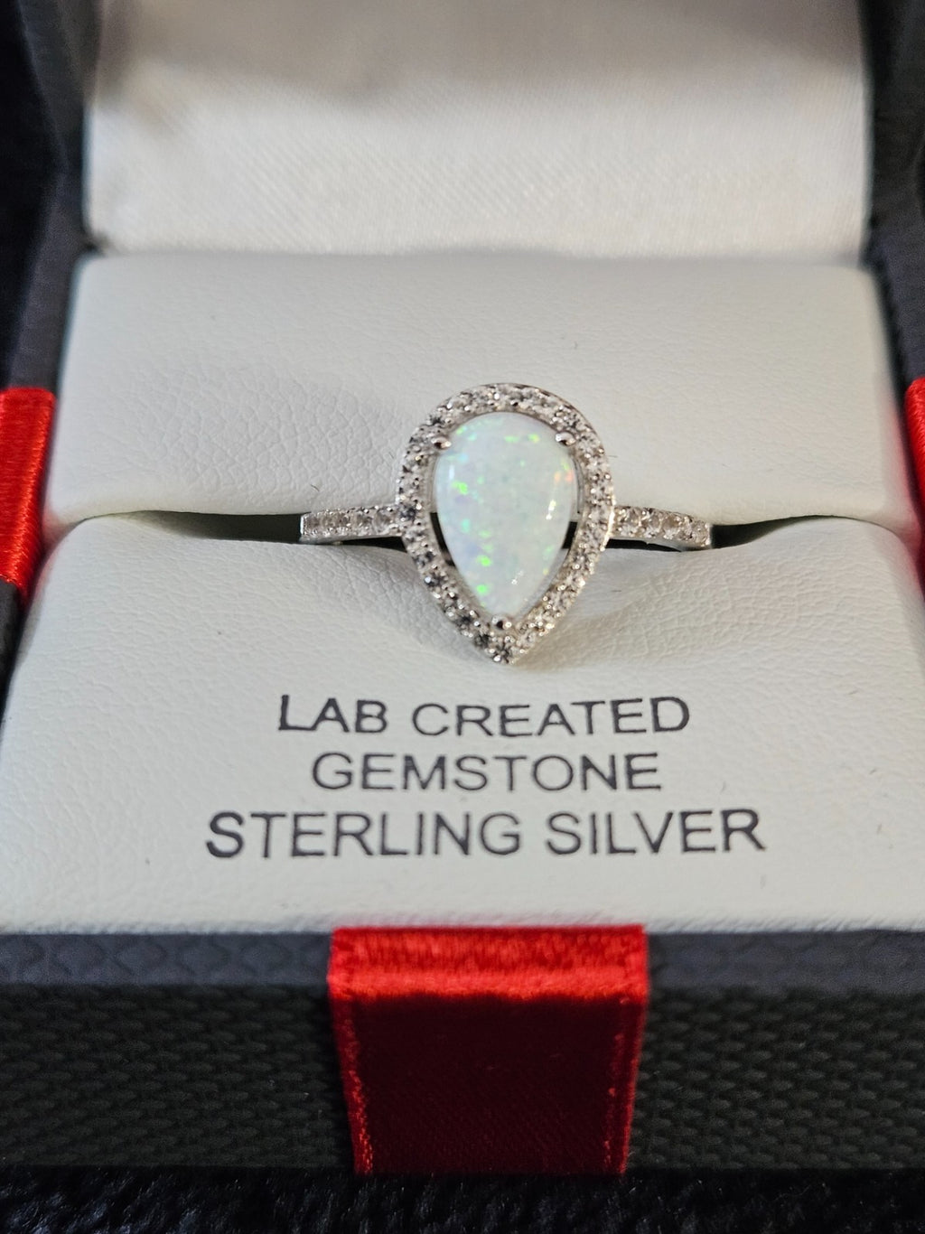 Womens Lab Created White Opal Sterling Silver Pear Halo Cocktail Ring Size 7