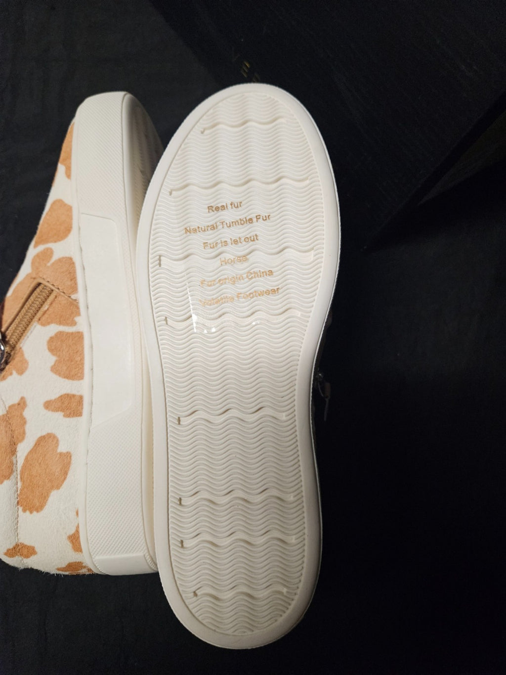 Very Volatile Women's Normande Sneaker Size 7 Tan White Cow Print Real Fur