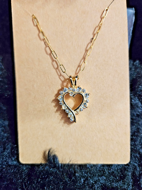 10K GOLD FILL / STERLING SILVER CUBIC ZIRCONIA HEART PENDANT & PAPERCLIP CHAIN