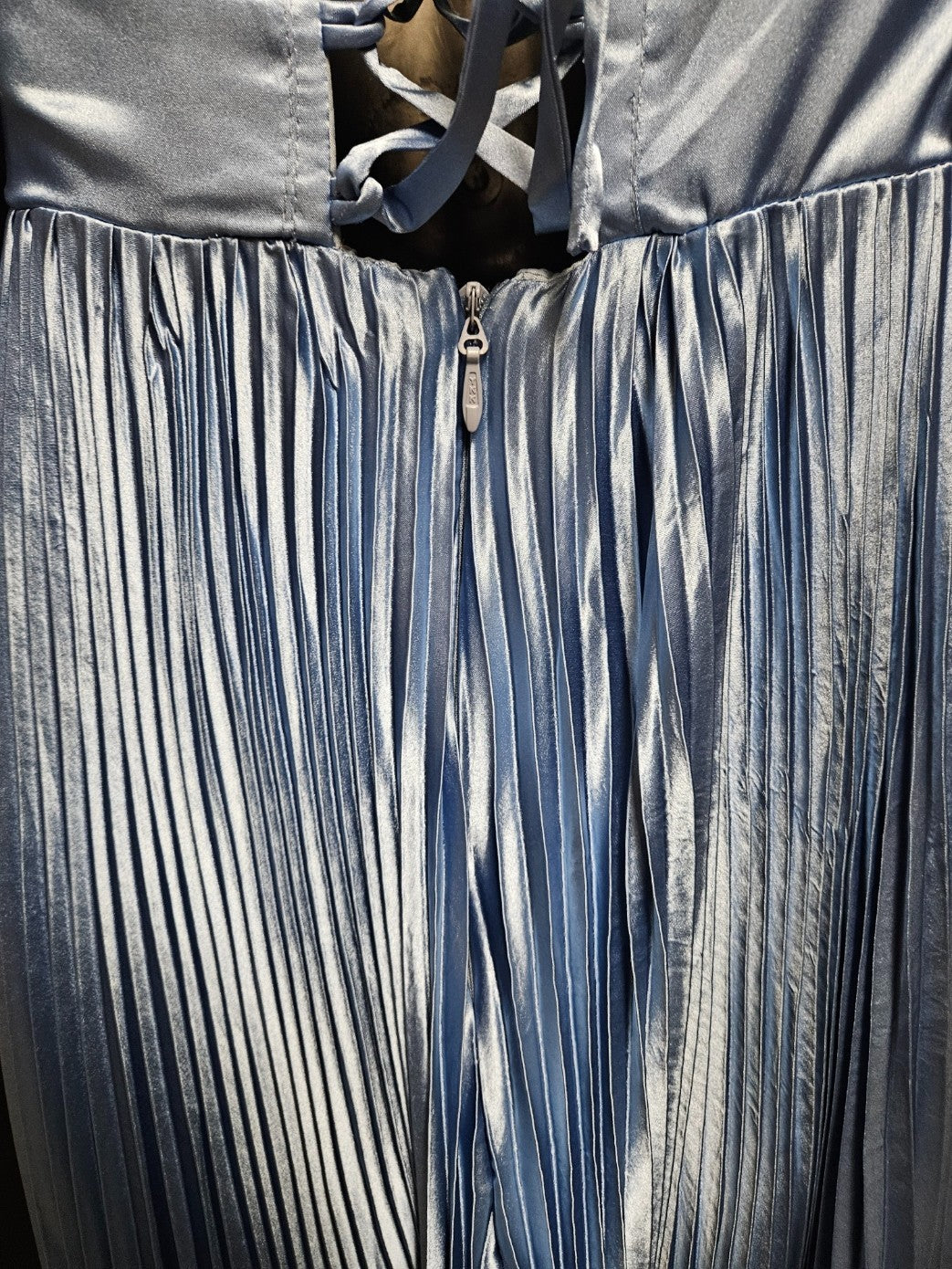 FAERIESTY LONG SLEEVE CORSET/ZIP BACK SIZE SMALL BLUE SATIN PLEATED GOWN NWT