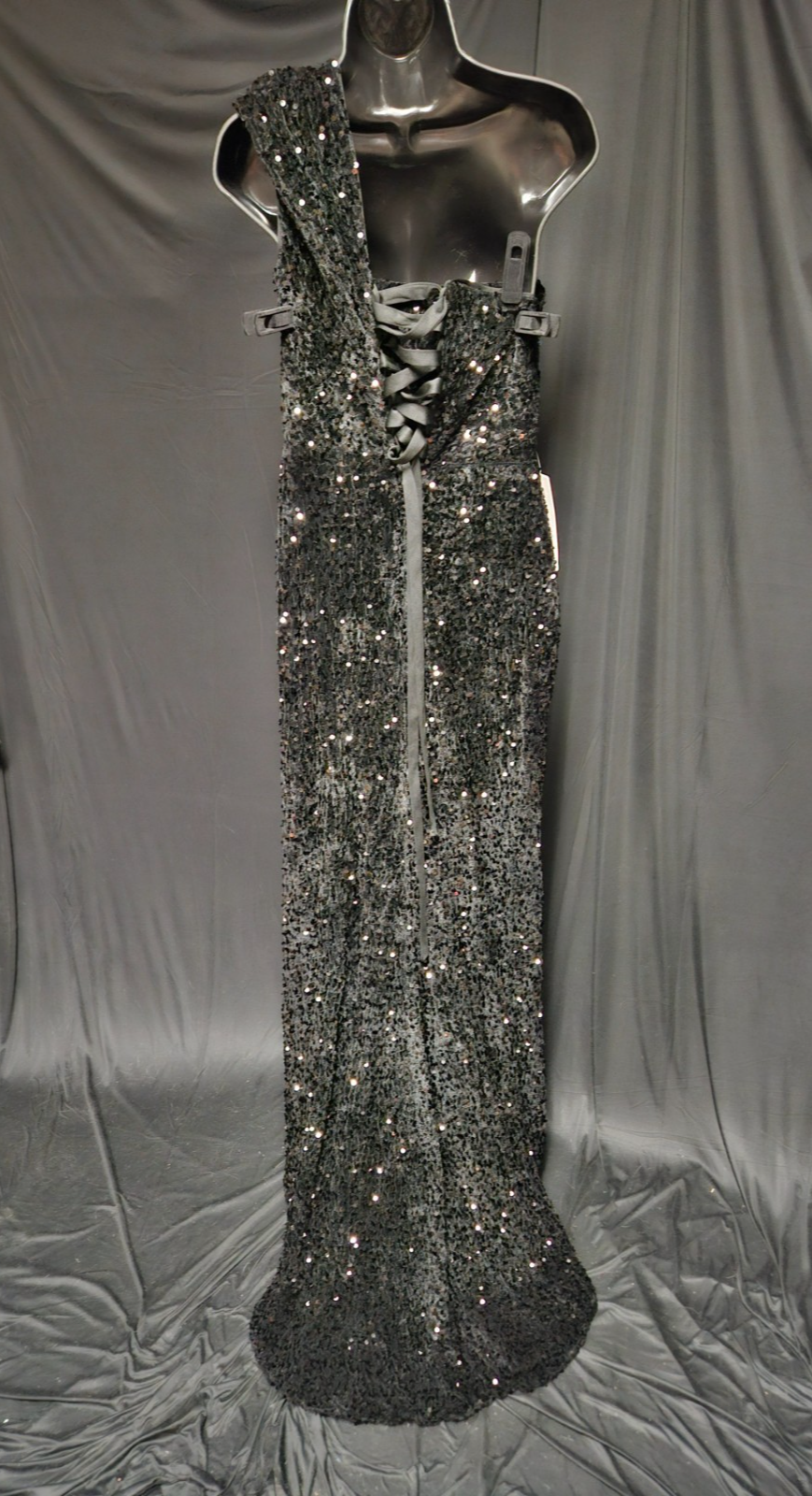 BLACK VELVET SEQUINED ONE SHOULDER CORSET BACK LONG FORMAL GOWN NWT SZ M