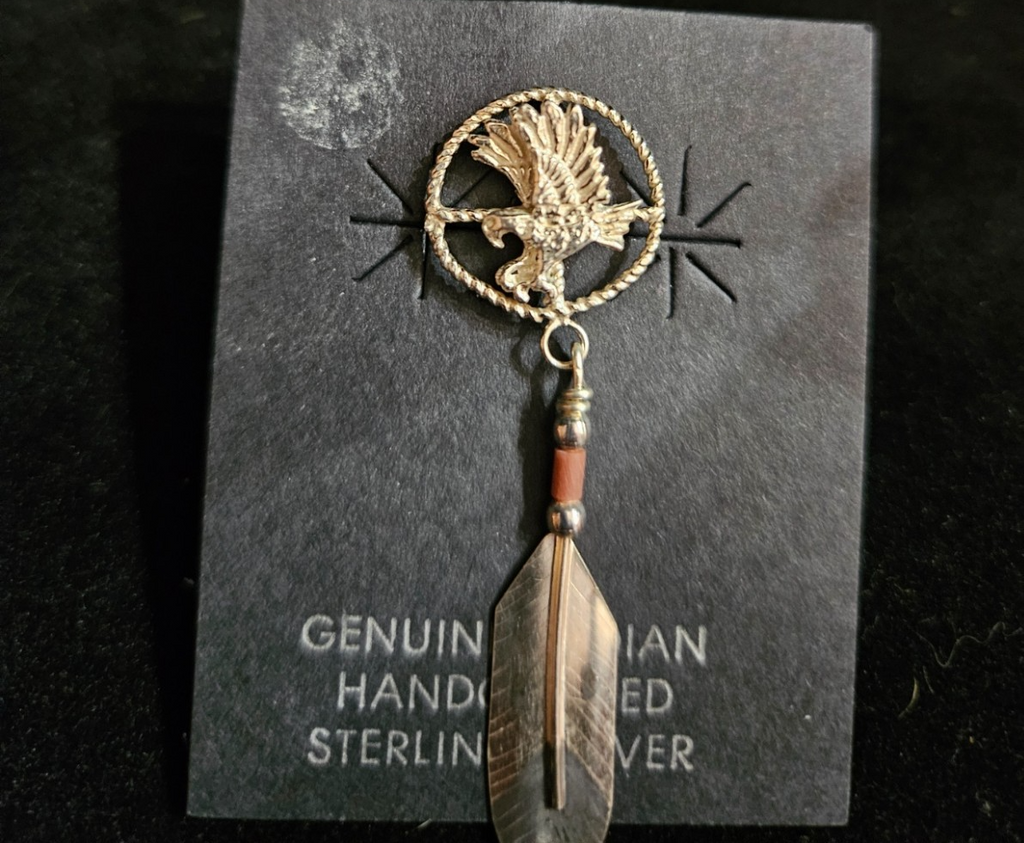 NATIVE AMERICAN HANDMADE STERLING HAT PIN WITH HANDCUT FEATHER BY KURT MOHAWK