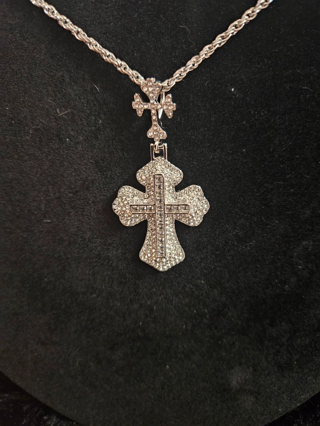 STERLING SILVER  PLATED STAINLESS STEEL CZ CROSS NECKLACE 24 in CHAIN