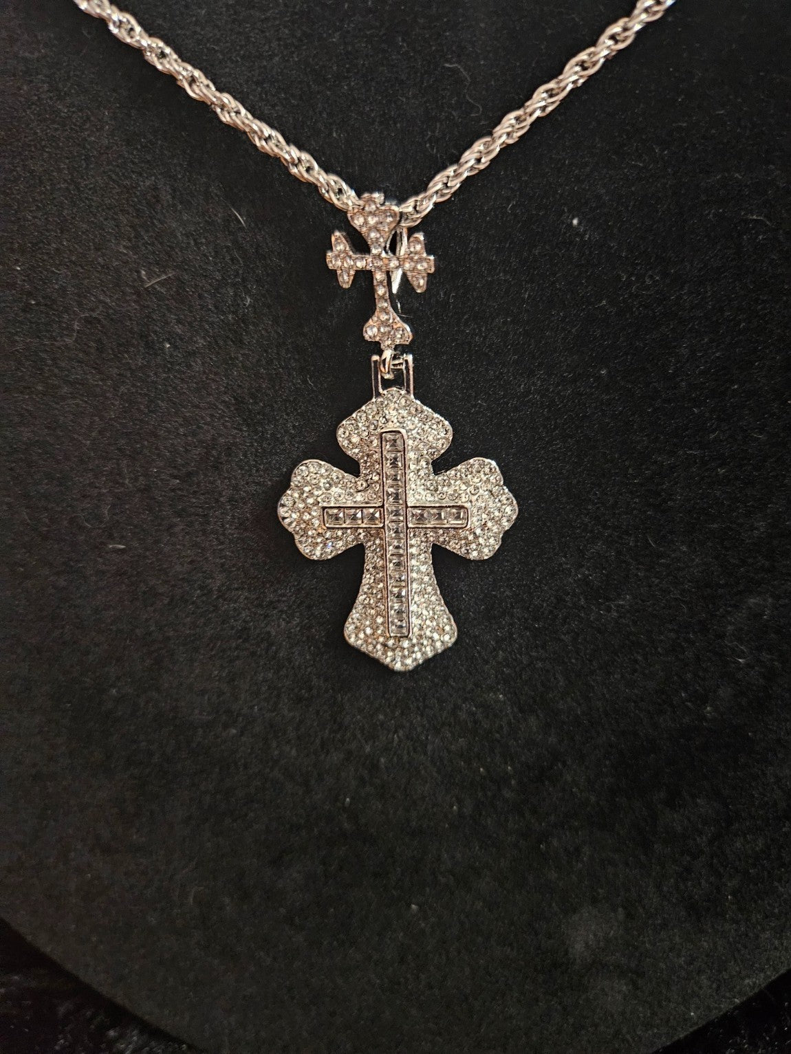 STERLING SILVER  PLATED STAINLESS STEEL CZ CROSS NECKLACE 24 in CHAIN